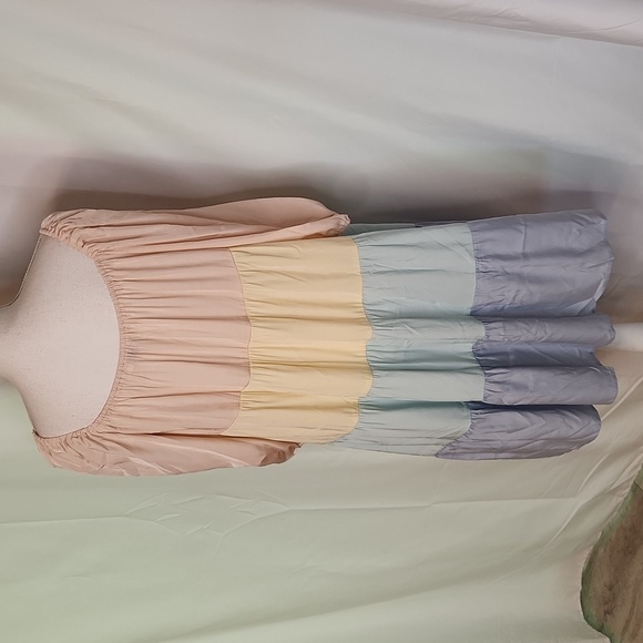 Pastel multicolor tiered dress 3/4 sleeve L XL pink yellow green blue prariecore - Picture 7 of 16